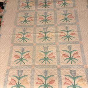 Vintage Arch Quilt Tulip Bouquet Patchwork Hand Sewn Applique 80x64